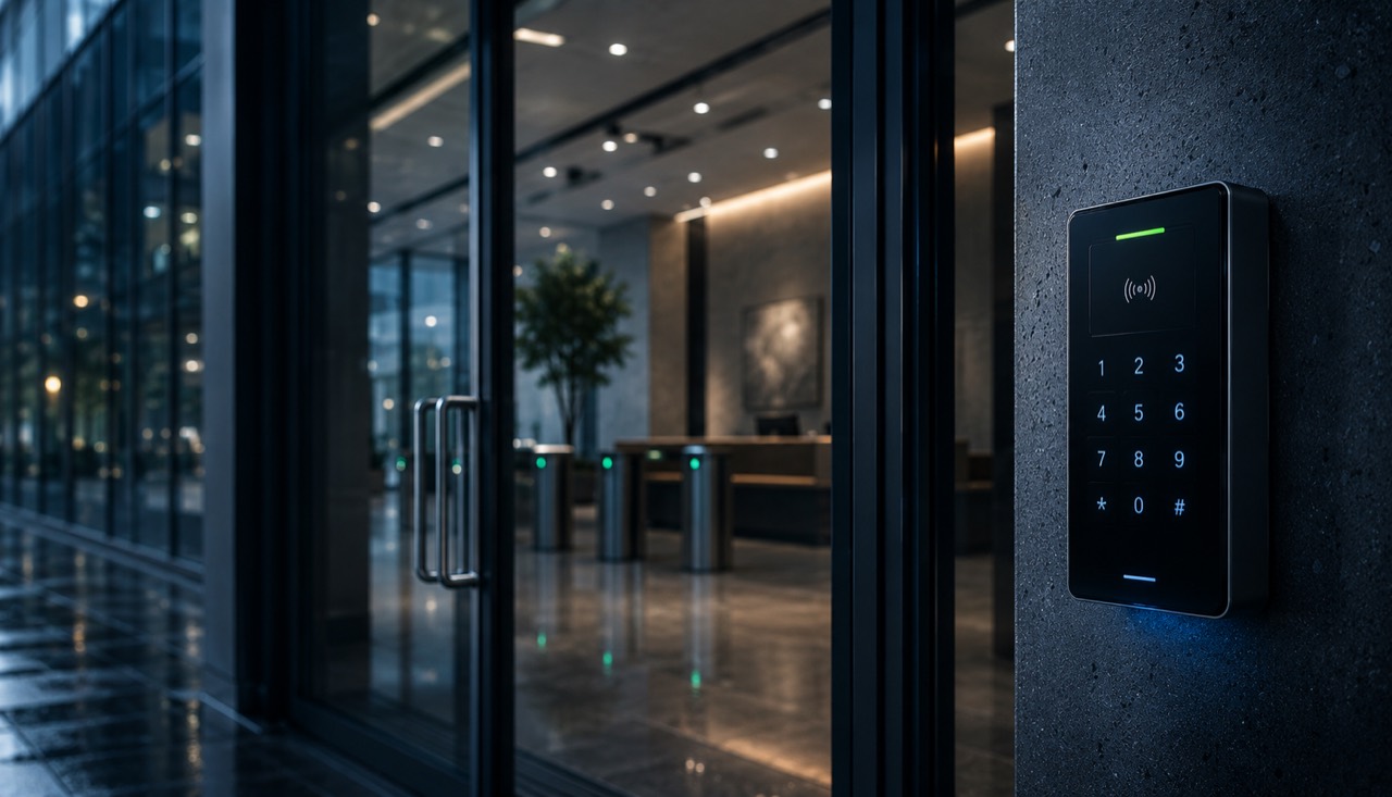 Commercial access control installed at a facility entrance